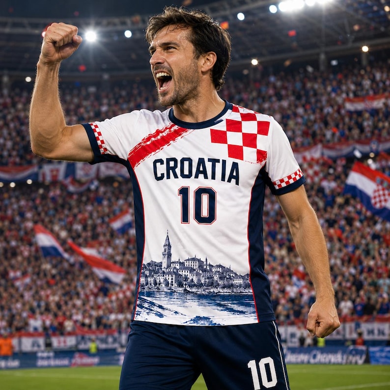 A soccer player wearing a Croatia jersey celebrates on the field, with a crowd of spectators in the background.
