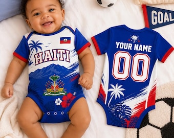 Personalized Haiti Baby Soccer Bodysuit, Custom Name Number Infant Football Jersey, Haiti Fan Baby Outfit, Haiti Jersey Romper Gift