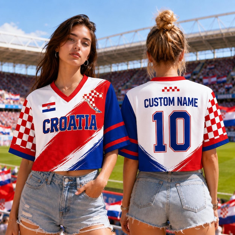 A woman wearing a red, white, and blue Croatia soccer jersey with the custom name "10" and the number "10" on the back, standing in front of a stadium.