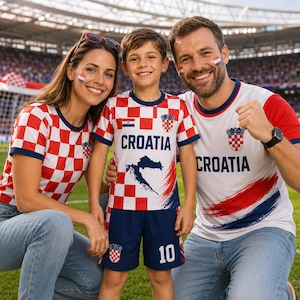 A family of three, consisting of a mother, father, and child, is posing together in a stadium, all wearing Croatia national team jerseys.