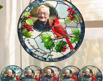 Customize Photo Memorial Cardinal Glass Suncatcher, Bird Glass Art, Cardinal Window Hangings, Memorial Suncatcher, Cardinal Lover Gift, Bird