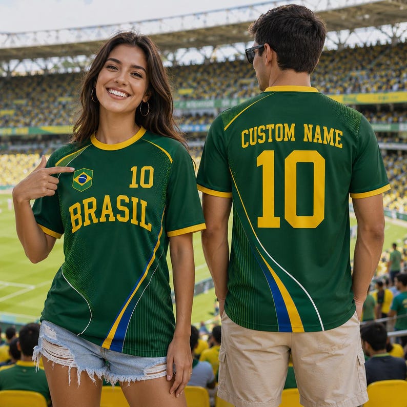 A woman wearing a green and yellow soccer jersey with the number 10 and the word "Brasil" on it, posing in a stadium with a man wearing a matching jersey with the number 10 and the word "Custom Name" on it.