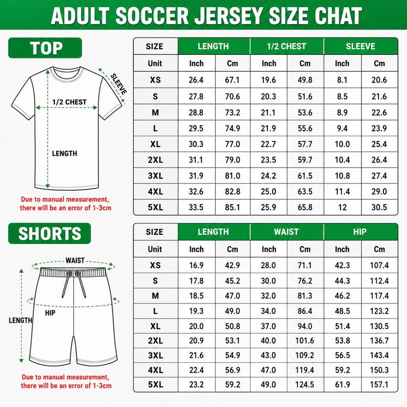 The image is a detailed size chart for an adult soccer jersey, providing measurements for different sizes such as top, size, length, chest, sleeve, and shorts. The chart includes both numerical and textual information, allowing for accurate measurements and easy comparison of sizes. Due to the nature of the image, I cannot provide specific details about the content or context, but it is a standard size chart for soccer jerseys.
