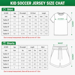 The image is a size chart for a child's soccer jersey and shorts, providing measurements and corresponding unit sizes for different age groups.
