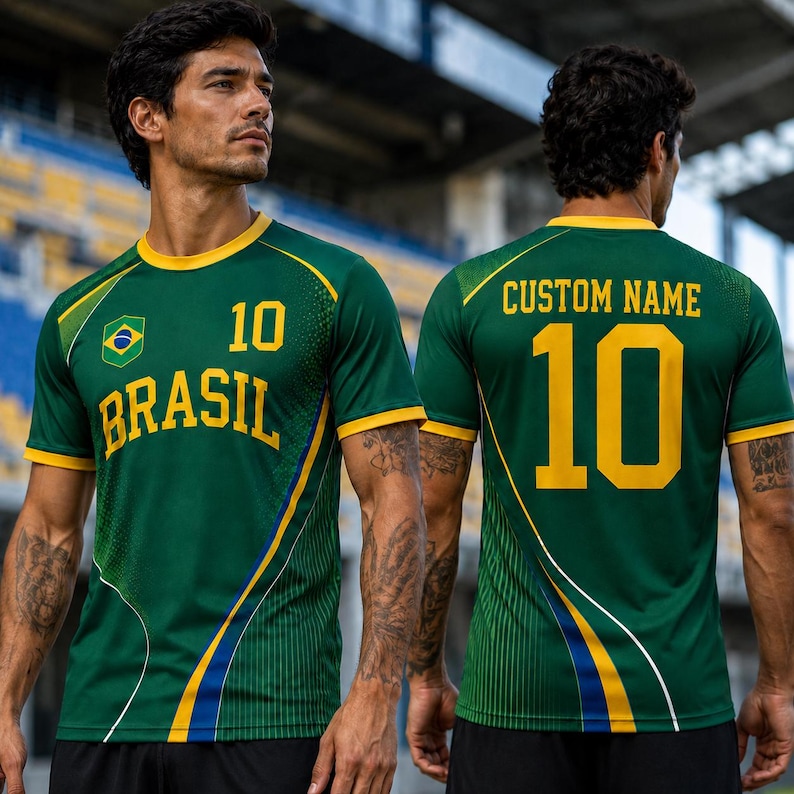 A man wearing a green and yellow soccer jersey with the number 10, standing in front of a stadium.