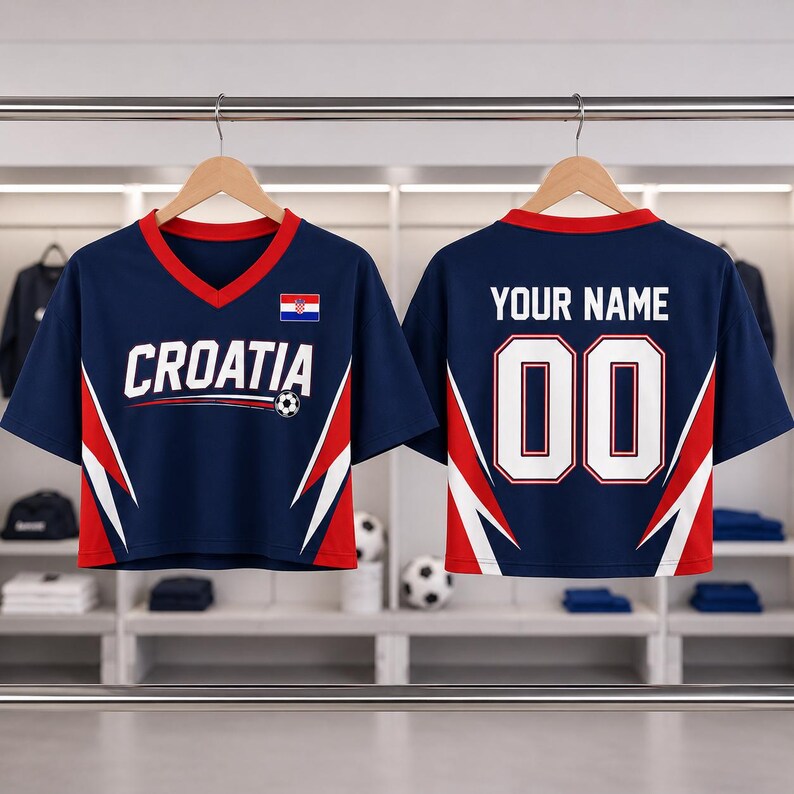 A pair of navy blue soccer jerseys with red and white accents, featuring the word "Cratia" and the number "00" on the back.