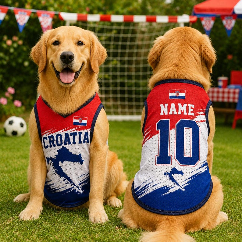 Two golden retrievers wearing red, white, and blue Croatia soccer jerseys, with the word "Croatia" printed on them, are sitting on a grassy field.