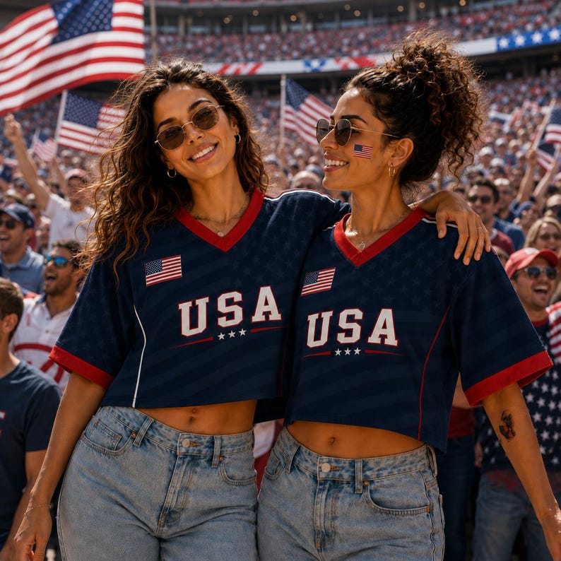 Two women wearing matching USA jerseys and smiling at the camera, with American flags in the background.