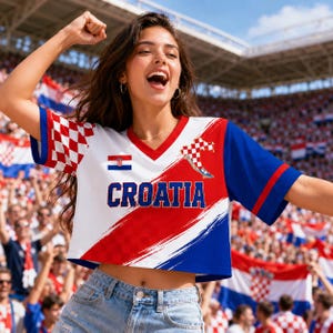 A woman wearing a red, white, and blue Croatia jersey is cheering enthusiastically at a sporting event, with a large crowd of people visible in the background.