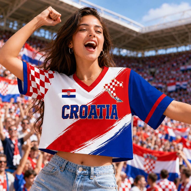 A woman wearing a red, white, and blue Croatia jersey is cheering enthusiastically at a sporting event, with a large crowd of people visible in the background.