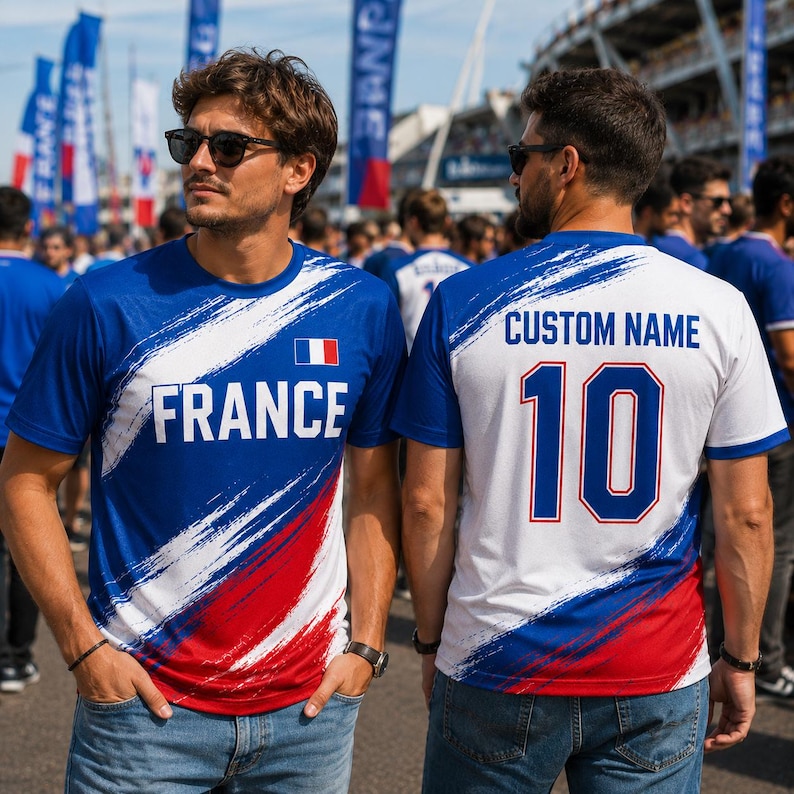 A man wearing a blue and red jersey with the word "FRANCE" on it, standing in front of a crowd of people.