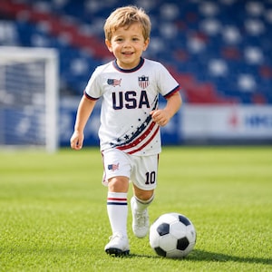 A young boy in a white soccer uniform with red and blue stripes is running on a soccer field, kicking a soccer ball.