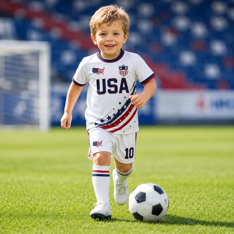 A young boy in a white soccer uniform with red and blue stripes is running on a soccer field, kicking a soccer ball.