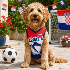 A happy dog wearing a red and blue Croatia jersey sits next to a soccer ball and a potted plant, with a soccer goal and flags in the background.