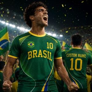 A soccer player in a green and yellow jersey celebrating with his mouth open, surrounded by a crowd of people waving Brazilian flags.
