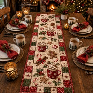 May include: A quilted Christmas table runner featuring a pattern of red mugs with marshmallows, gingerbread cookies, candy canes, and holly berries. The runner is set on a wooden table with white plates, red napkins, and mugs with pine tree prints.
