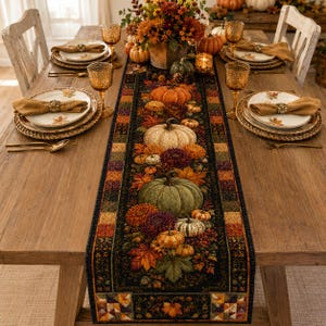 May include: A rectangular table runner featuring a dark background with a printed pattern of pumpkins, autumn leaves, and chrysanthemums in shades of orange, green, and burgundy, bordered by a colorful patchwork design of small geometric squares.