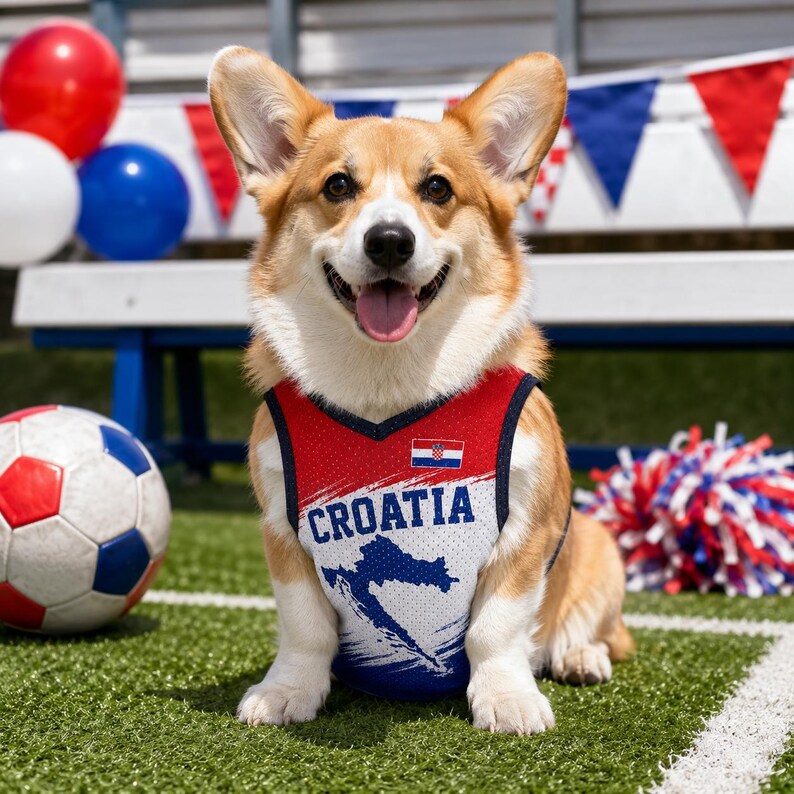 A happy dog wearing a red and blue jersey with the word "Crdatia" on it, sitting on a grassy field with a soccer ball and a pom pom nearby.