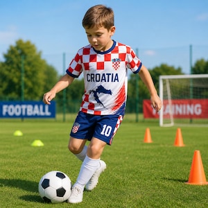 A young boy in a red and white Croatia soccer jersey is dribbling a soccer ball on a grassy field with orange cones set up around him.