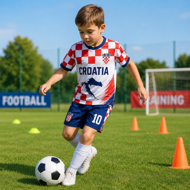 A young boy in a red and white Croatia soccer jersey is dribbling a soccer ball on a grassy field with orange cones set up around him.