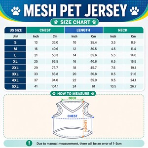 The image is a size chart for a mesh pet jersey, providing measurements for different sizes based on the unit and chest measurements.