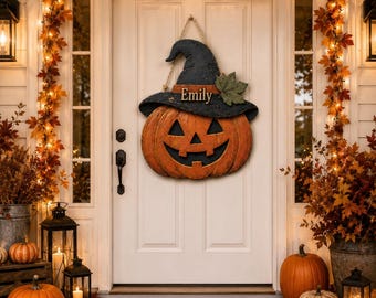 Personalized Pumpkin Witch Hat Wooden Door Sign, Custom Name Hanger, Rustic Halloween Porch Decor and Fall Home Gift