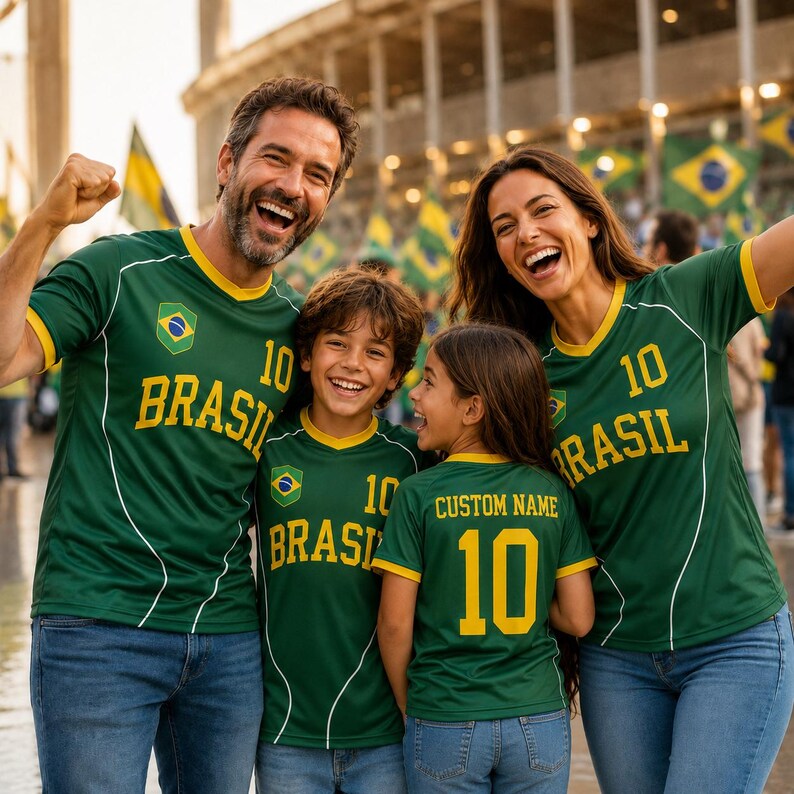 A family of four, two men and two women, are wearing green and yellow Brazil soccer jerseys and smiling at the camera.