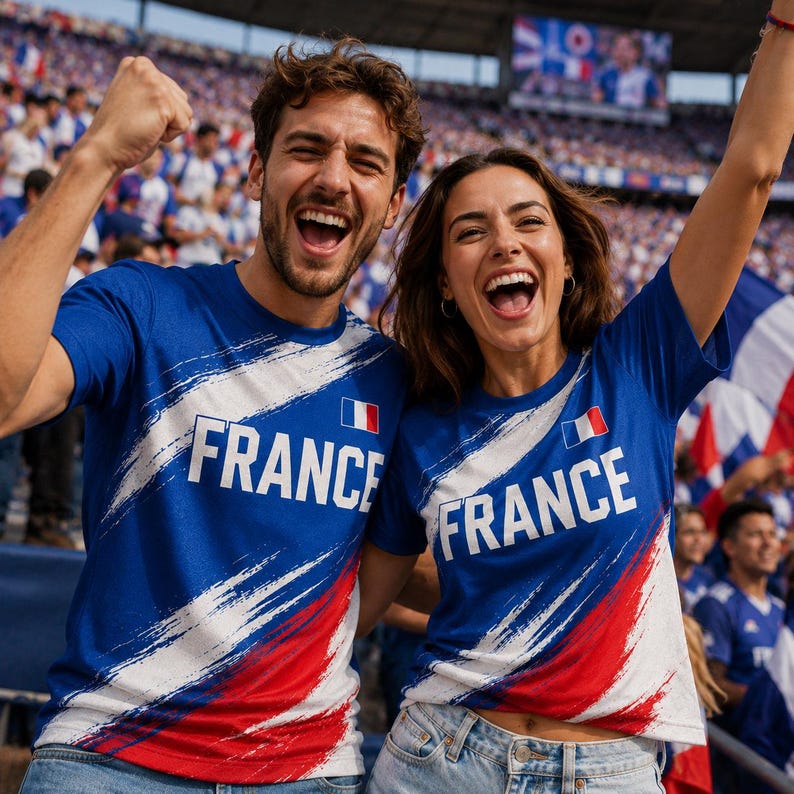 A man and a woman are celebrating enthusiastically, both wearing blue t-shirts with the word "FRANCE" written on them.