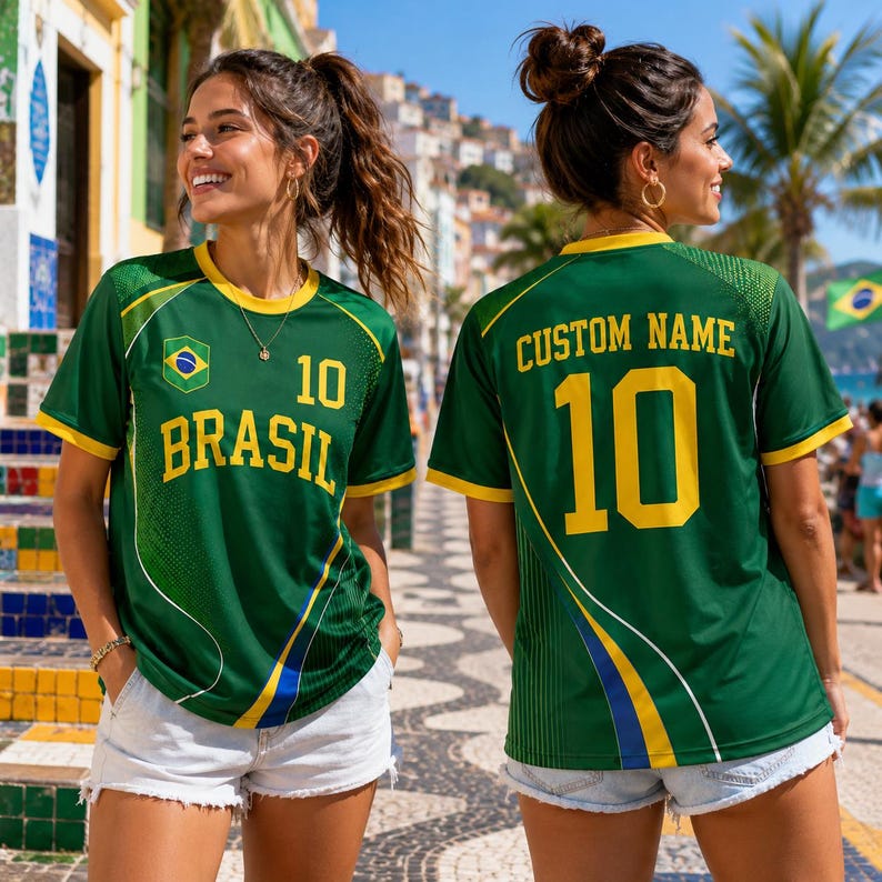 Two women wearing green and yellow soccer jerseys with the number 10, standing in front of a colorful building with palm trees.