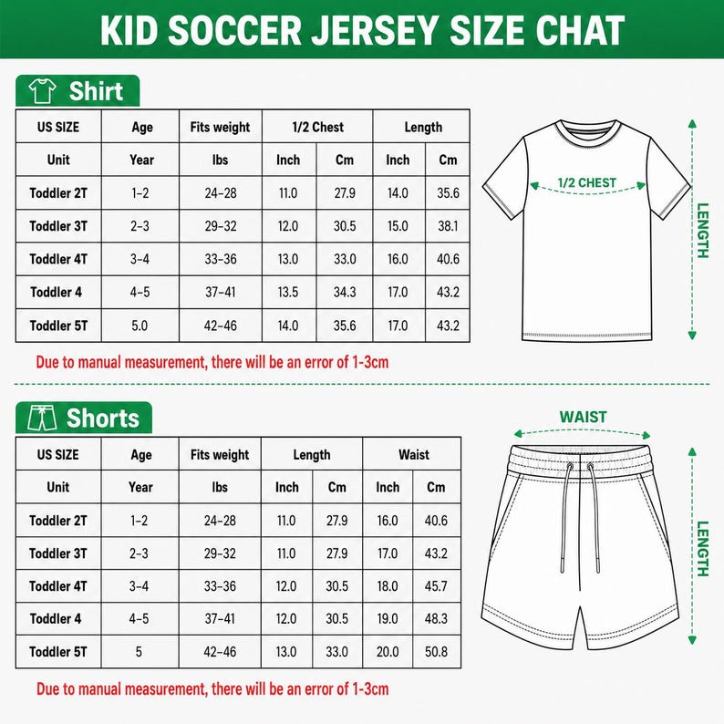 The image is a size chart for a child's soccer jersey and shorts, providing measurements and corresponding unit sizes for different age groups.