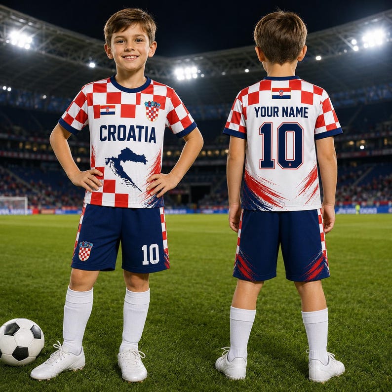 A young boy wearing a red and white Croatia soccer jersey with the number 10, standing on a soccer field with a soccer ball nearby.