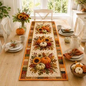 May include: A rectangular quilted table runner featuring a repeating pattern of orange pumpkins, sunflowers, and autumn leaves on a cream background, bordered by a plaid fabric in shades of orange, green, and brown, displayed on a wooden dining table.
