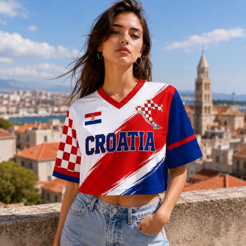 A woman wearing a red, white, and blue Croatia soccer jersey stands in front of a cityscape with a church steeple in the background.
