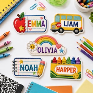 May include: Embroidered name patches with school-themed designs. Includes an apple, school bus, rainbow, notebook, and crayon box, each with a child's name: Emma, Liam, Olivia, Noah, and Harper. Colorful patches with a variety of shapes and colors.