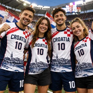 Four people wearing Croatia soccer jerseys and shorts are posing together and smiling at the camera.