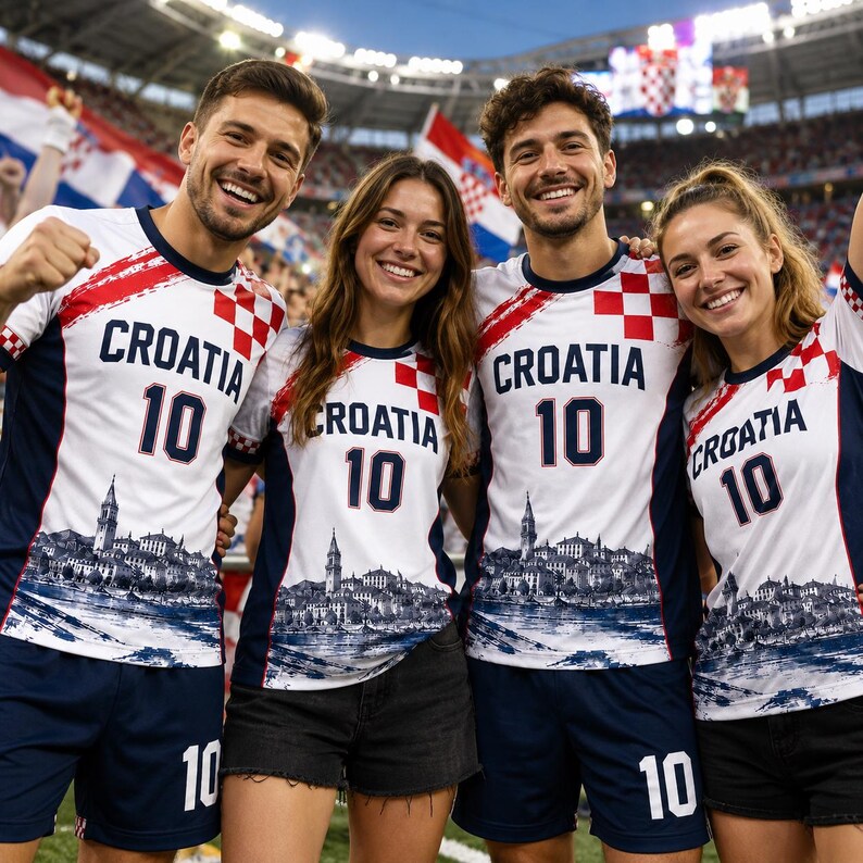 Four people wearing Croatia soccer jerseys and shorts are posing together and smiling at the camera.