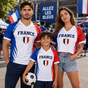 A man, a woman, and a child wearing matching France soccer jerseys pose together, with a soccer ball in front of them.