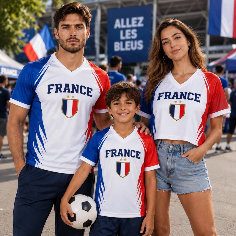 A man, a woman, and a child wearing matching France soccer jerseys pose together, with a soccer ball in front of them.