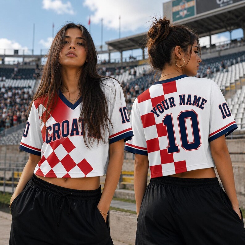 Two women wearing Croatian soccer jerseys with the number 10, posing in front of a stadium.