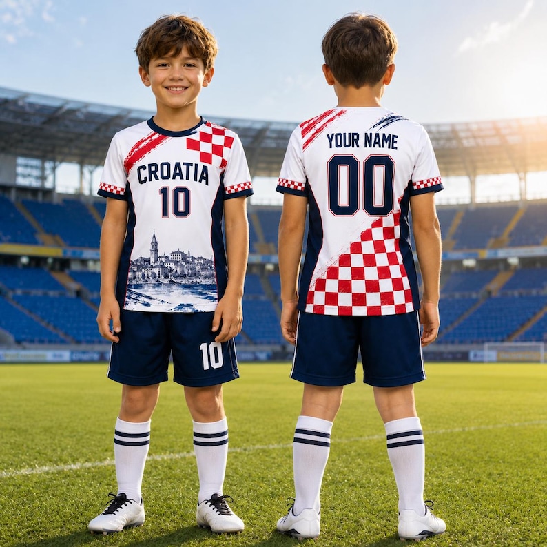 A young boy wearing a white and red soccer jersey with the word "Cratia" and the number 10, standing on a soccer field.