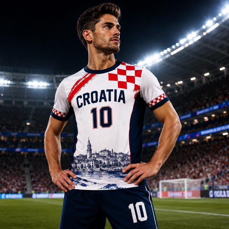 A soccer player wearing a Croatia jersey stands on a soccer field at night, with a stadium filled with spectators in the background.
