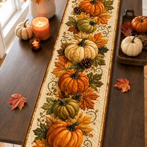 May include: A rectangular fabric table runner featuring a quilted pattern of orange, green, and cream-colored pumpkins interspersed with autumn maple leaves, pinecones, and swirling vine motifs on a light cream background with a dark brown border.