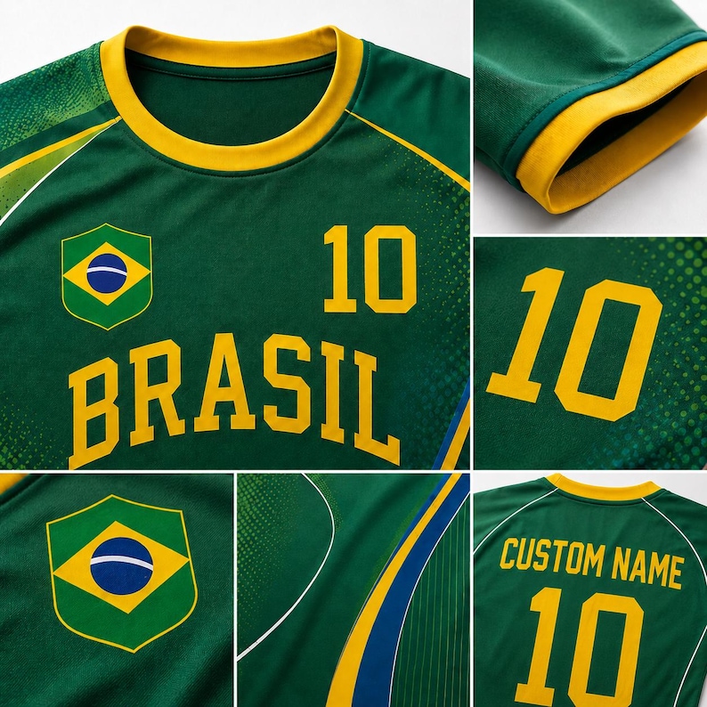 The image is a collage of various views of a green and yellow soccer jersey with the number 10, featuring the Brazilian flag and the text "BRASIL" and "CUSTOM NAME 10".