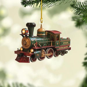 Adorno navideño personalizado de tren ferroviario plano 2D, tren ferroviario, decoración navideña única, regalo de locomotora, adorno para amantes de los trenes