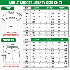 The image is a detailed size chart for an adult soccer jersey, providing measurements for different sizes such as top, size, length, chest, sleeve, and shorts. The chart includes both numerical and textual information, allowing for accurate measurements and easy comparison of sizes. Due to the nature of the image, I cannot provide specific details about the content or context, but it is a standard size chart for soccer jerseys.