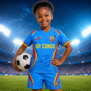 May include: A blue soccer uniform featuring the text DR CONGO, the national flag, and a crest on the shirt and shorts. The jersey has red and yellow side accents, and the set is paired with a classic black and white paneled soccer ball.