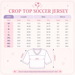 The image is a size chart for a crop top soccer jersey, providing measurements for different units such as XS, S, M, L, XL, 2XL, 3XL, and 4XL. The chart includes the length, bust, and sleeve measurements for each unit, along with corresponding cm measurements. The chart also includes a v-neck design and a bust measurement. Due to the nature of the image, I cannot provide specific details about the content or context, but it is a chart that provides measurements for a crop top soccer jersey.