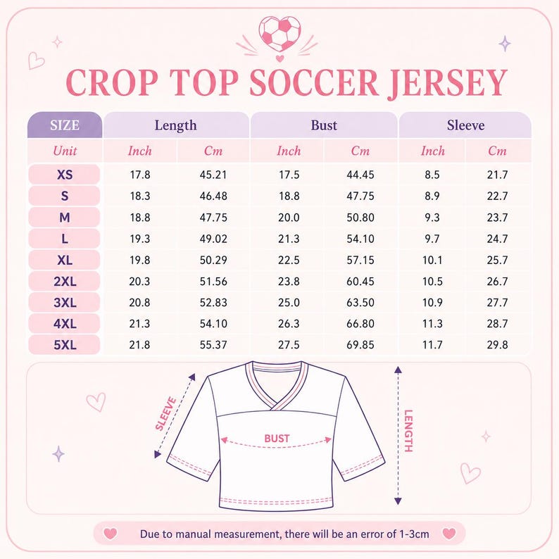 The image is a size chart for a crop top soccer jersey, providing measurements for different units such as XS, S, M, L, XL, 2XL, 3XL, and 4XL. The chart includes the length, bust, and sleeve measurements for each unit, along with corresponding cm measurements. The chart also includes a v-neck design and a bust measurement. Due to the nature of the image, I cannot provide specific details about the content or context, but it is a chart that provides measurements for a crop top soccer jersey.