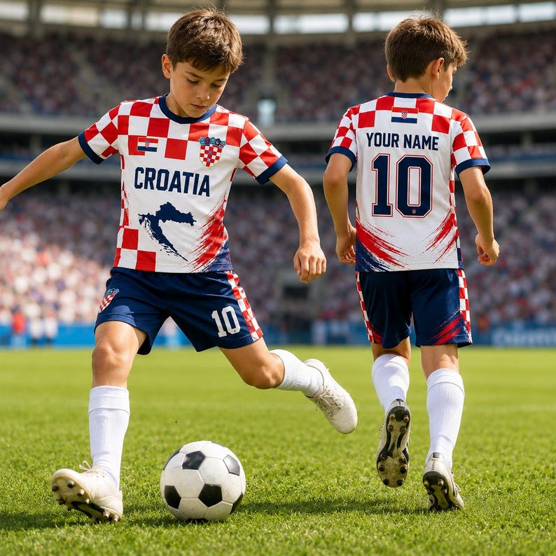A young boy in a red and white Croatia soccer uniform is kicking a soccer ball on a field.