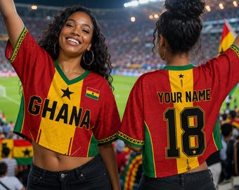 Ghana Soccer Crop Jersey For Women, Custom Name Number Football Shirt, Personalized Fan Sports Tee, Ghana Game Day Outfit